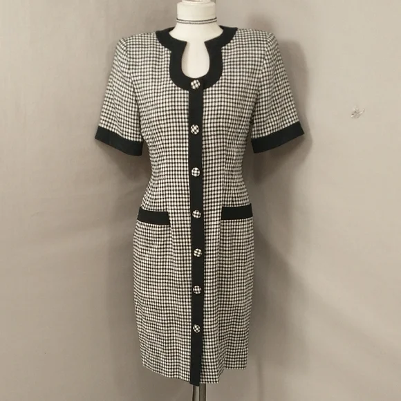 Vintage Dresses | 90s Gingham Dress Business Styling Black & White Check Tailored Feminine Fit Usa | Color: Black/White | Size: 6 | Pm-32239210's